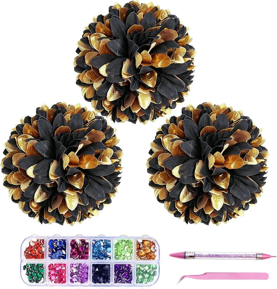 3Pcs Homecoming Mum Flowers, 6.6" Black Gold Mum Flower with Rhinestones
