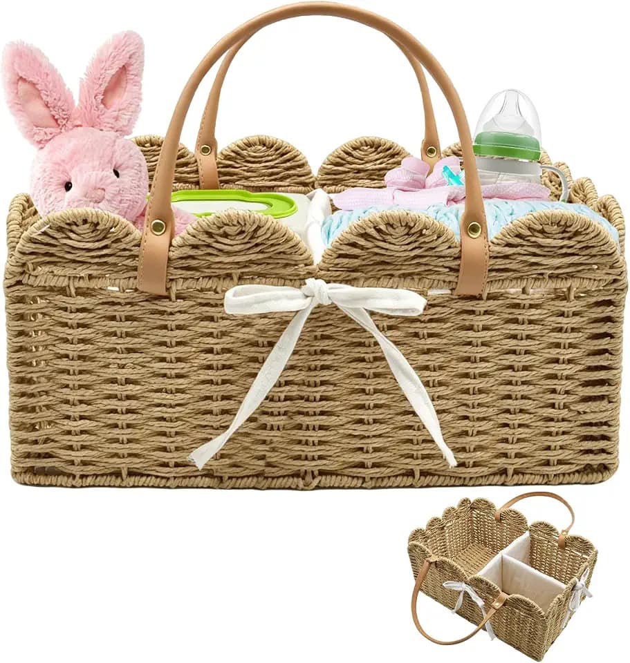 Wickelkorb Wickeltisch Organizer, Baby Wickelorganiser Windelkorb mit Griffen und Herausnehmbaren Fächern, Kinderzimmer Aufbewahrungskorb Geflochten Neugeborene Geschenk (Khaki)