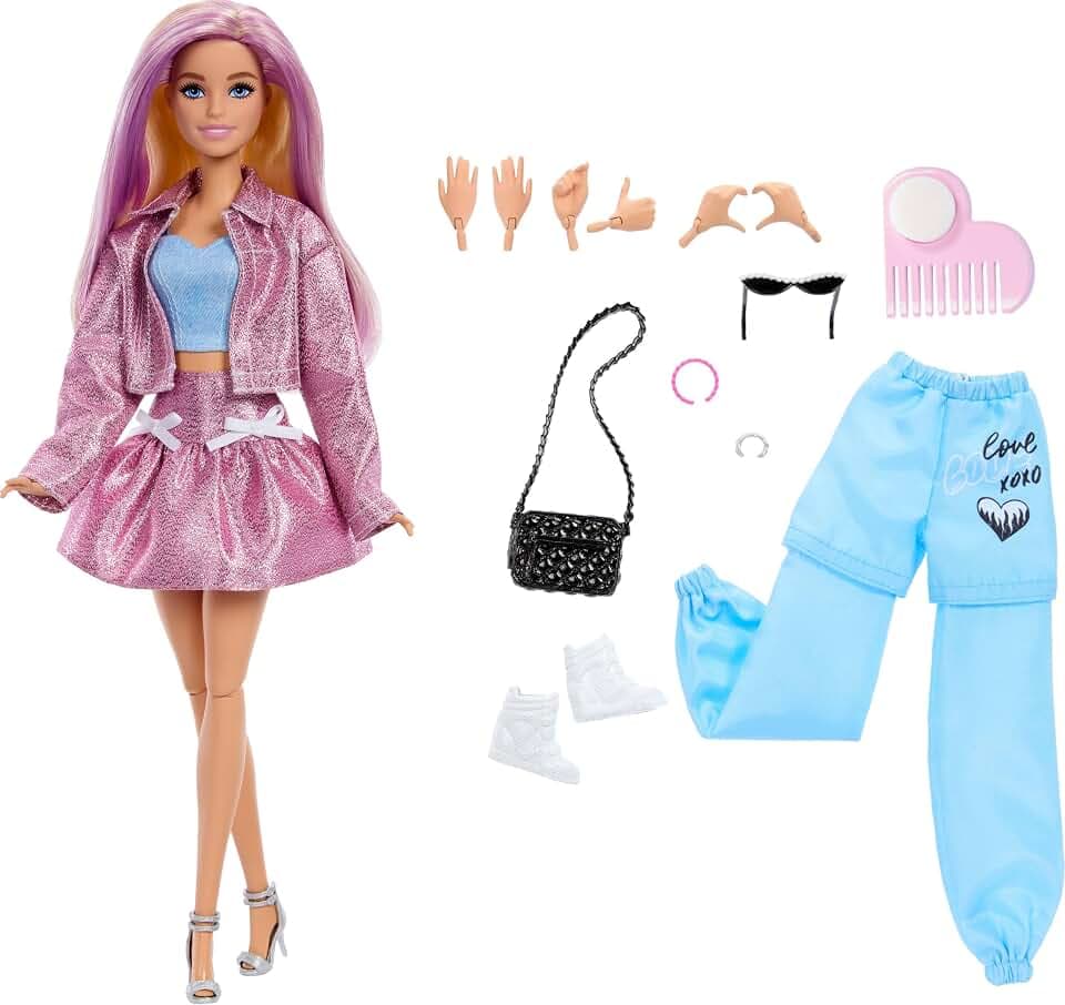 Barbie Deluxe Style Puppe mit Barbiecore Rock und Jacke in Pink-Metallic