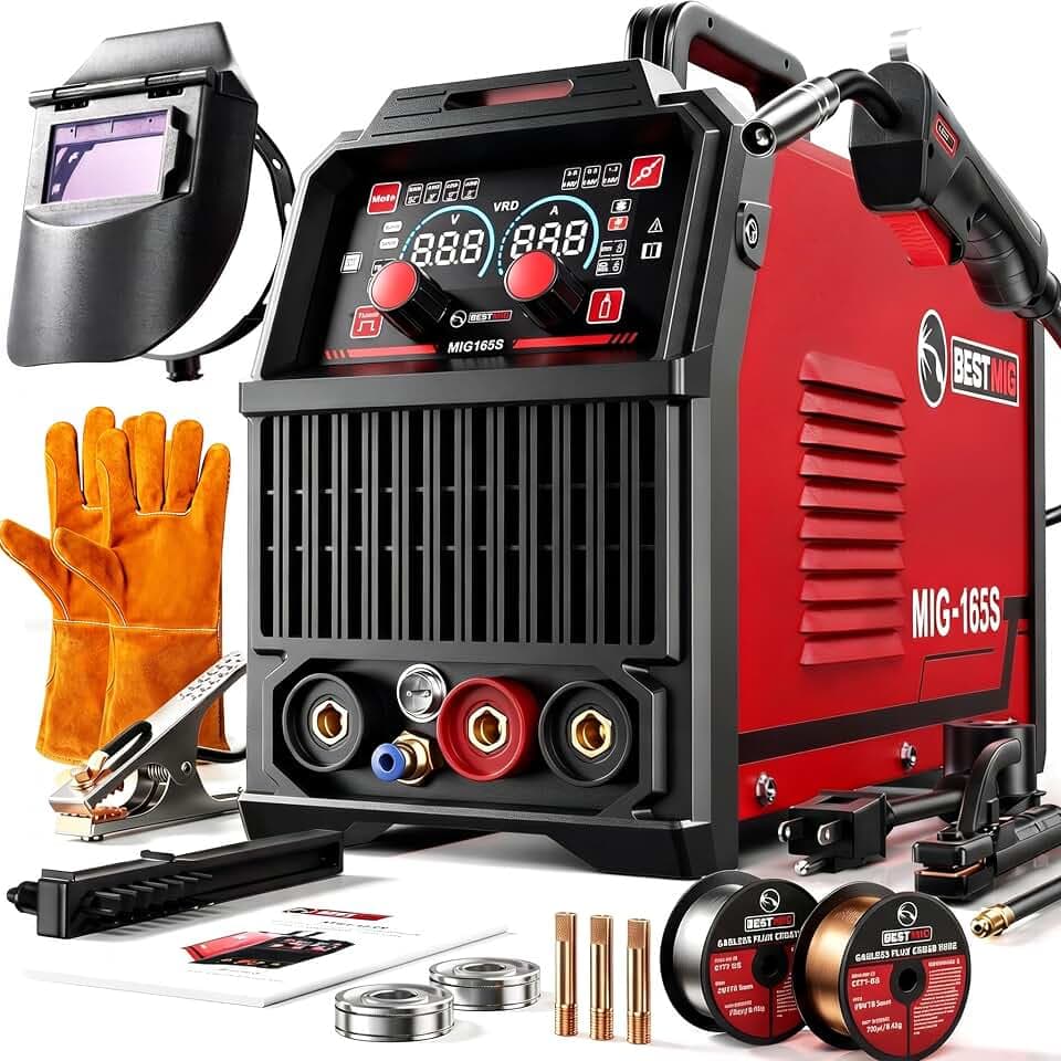 BESTMIG 165S MIG Welder 110V/220V Dual Voltage, 4 in 1 Multi-Process Welding Machine (Gas & Gasless Flux Core/TIG/Stick), Synergic Inverter Welder Machine Portable Wire Welder Kit with Helmet & Gloves