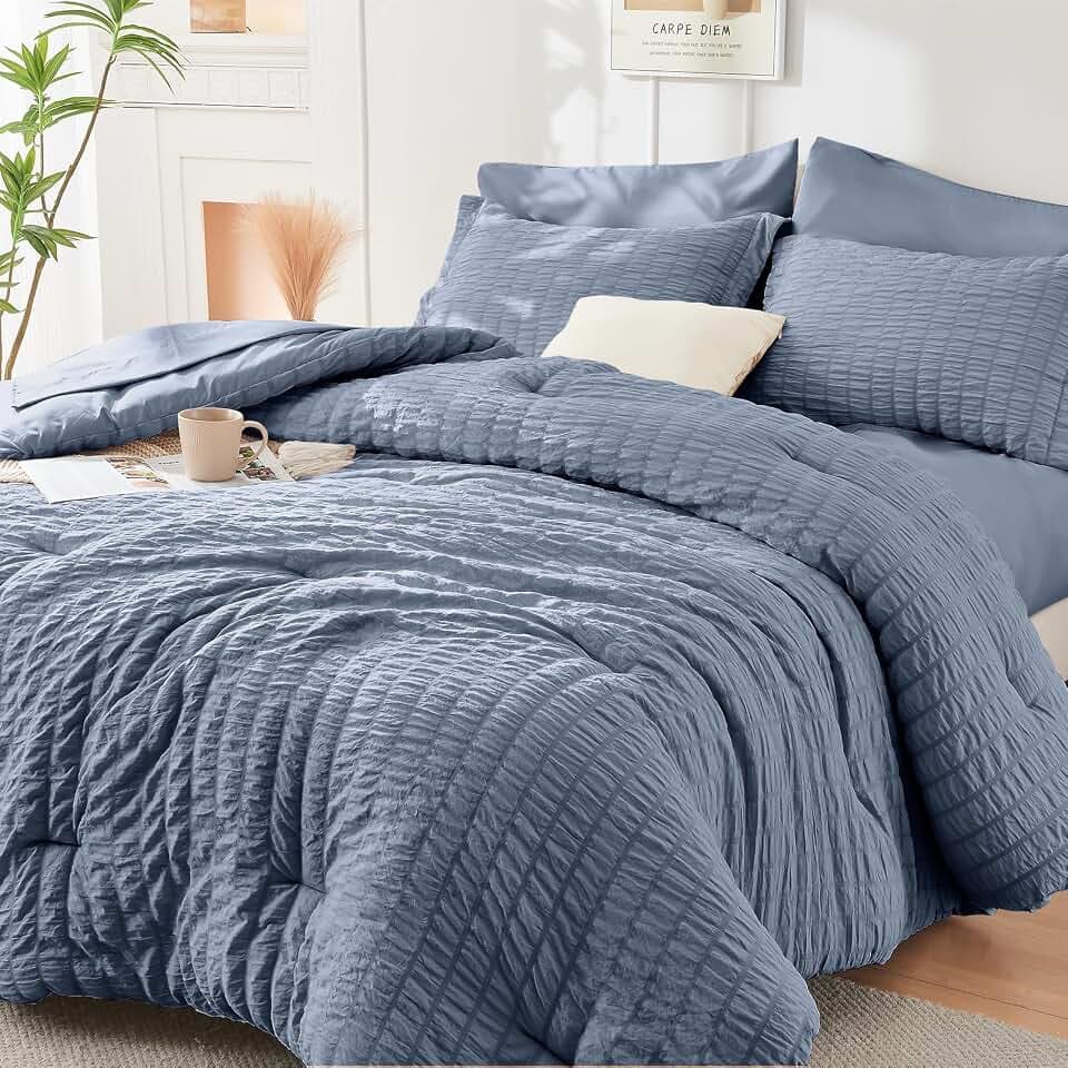 Full Comforter Set - 7PCS Bed in a Bag, Seersucker Bedding Set, Nordic Blue