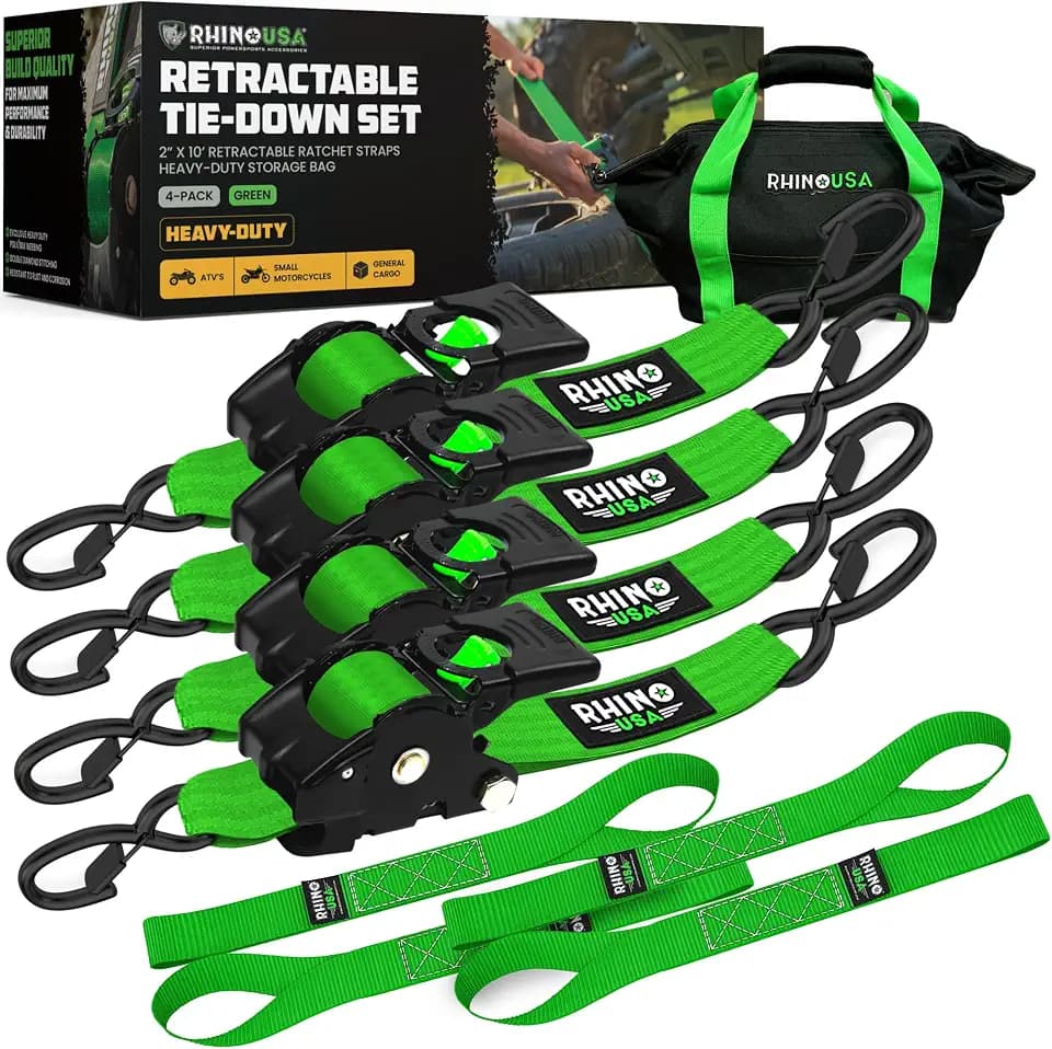 Rhino USA Retractable Ratchet Straps (4-Pack) - 2in x 10ft, 3,033lb, Green