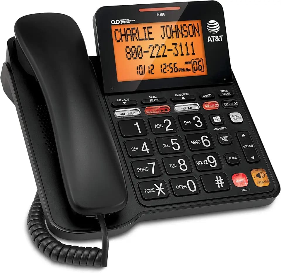 AT&T CD4930 Black Corded Phone with Digital Answering System, Caller ID, Extra-Large Tilt Backlit Display & Big Buttons