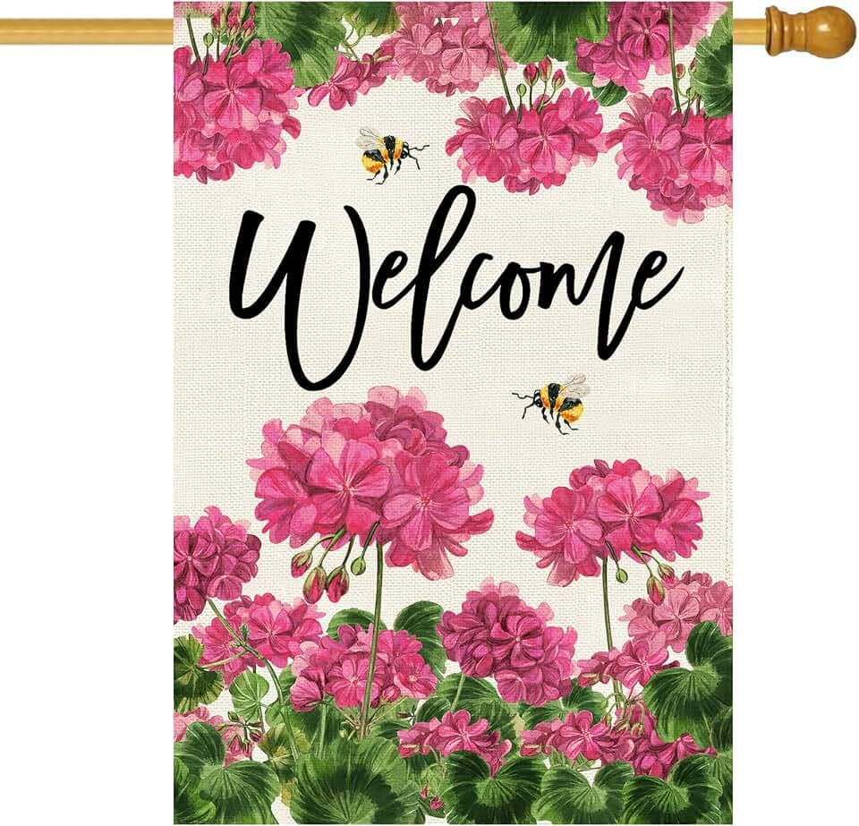 Baccessor Spring Summer Geranium Welcome House Flag Double Sided Burlap,Pink Floral Bee Large Garden Flag Seasonal Farmhouse Front Entry Yard Porch Patio Outside Outdoor Decor 28x40 Inch