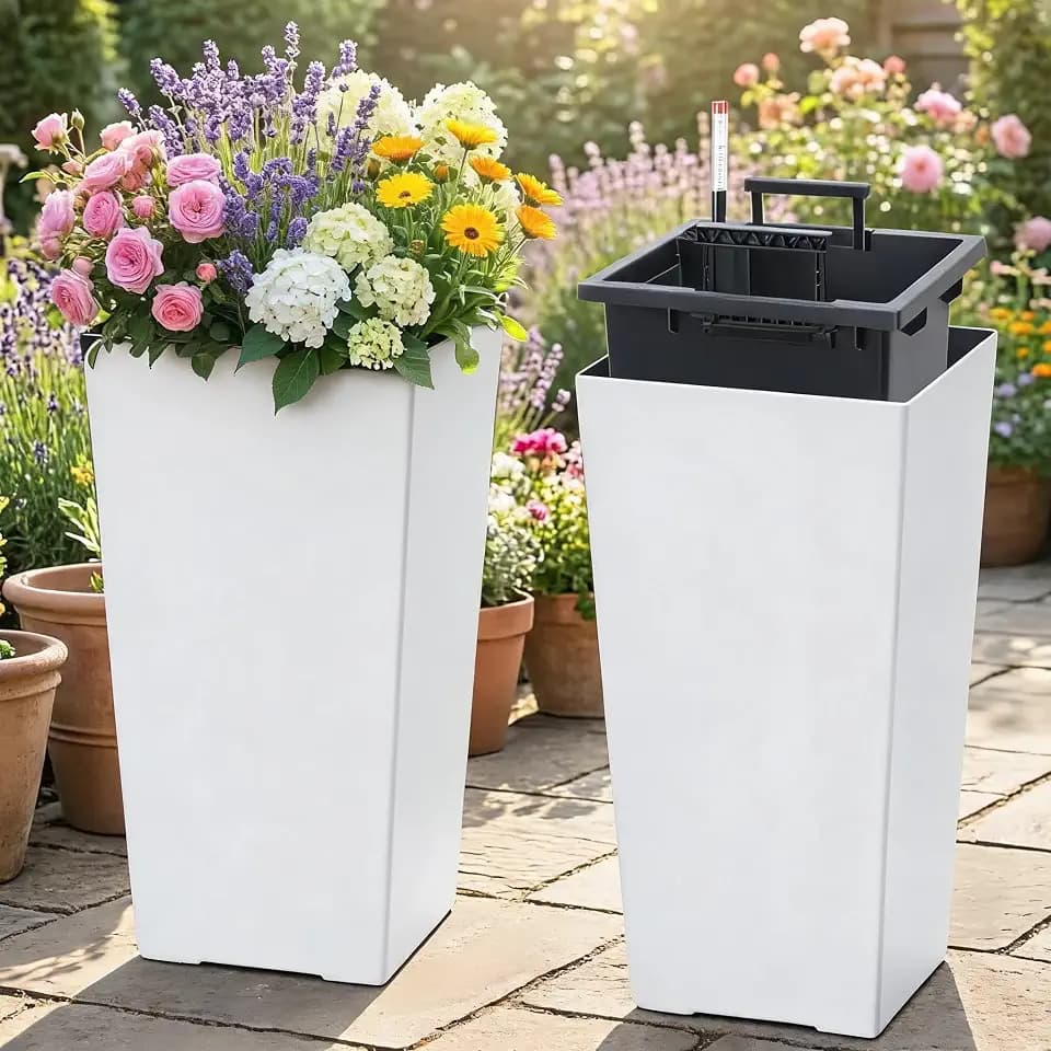 16" Tall Planters Set of 2, Indoor & Outdoor Black Planter Pots, High Front Porch Planters with Drainage Holes, Water Level Monitor, and Inner Bucket, White