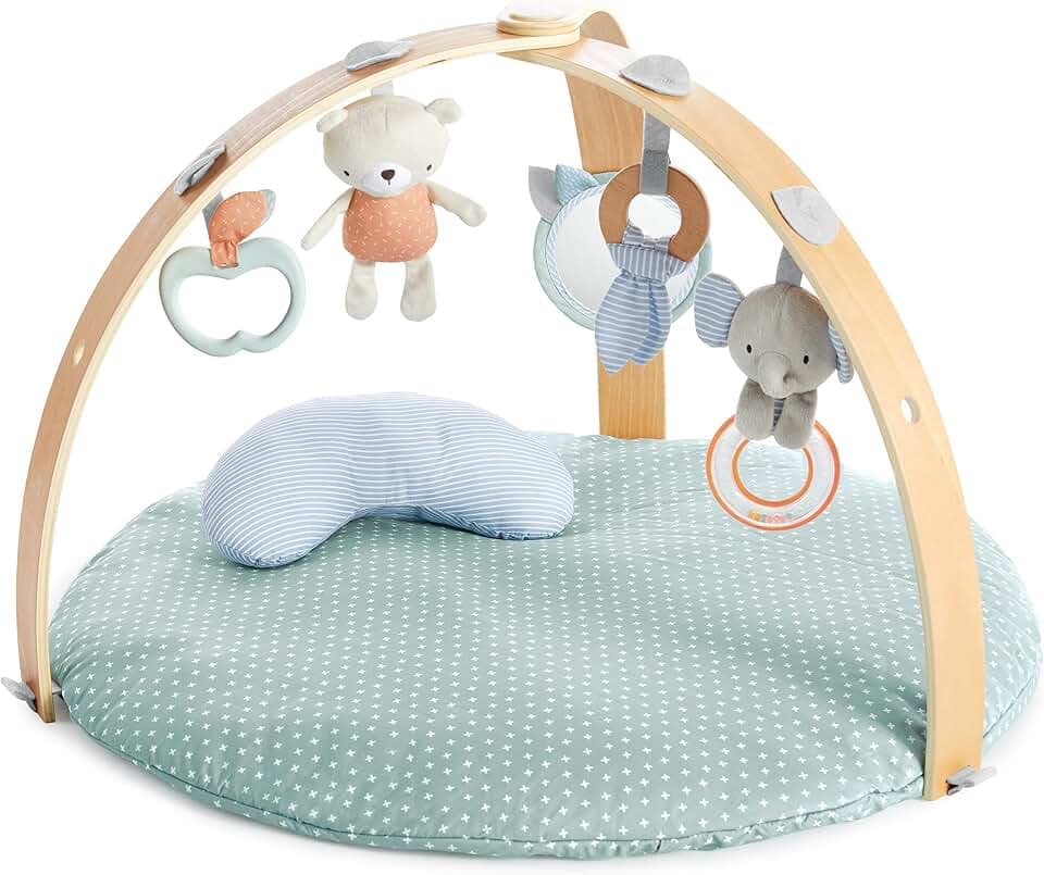 Ingenuity, Cozy Spot Loamy Spielmatte mit Spielbogen aus Holz, Spieldecke mit abnehmbaren Spielzeugen, Wendedecken, Stützkissen, extra Weich, Maschinenwaschbar, Neutral design, ab der Geburt