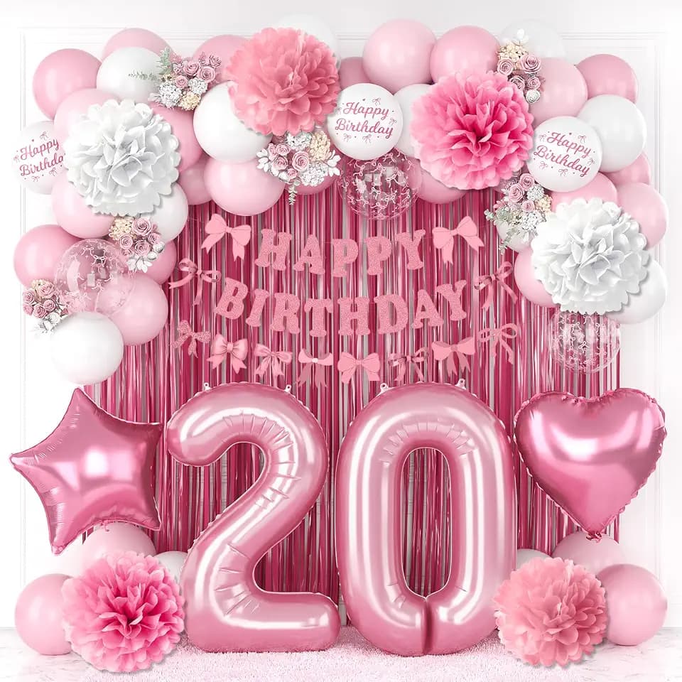 20th Birthday Decorations Girls Pink Number 20 Balloon Bow Coquette Party