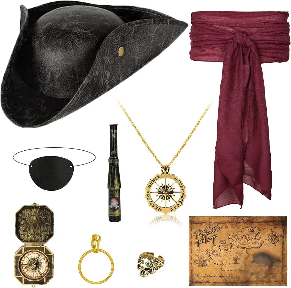 9‑Piece Pirate Costume Accessories Set for Adults Realistic Tricorn Hat