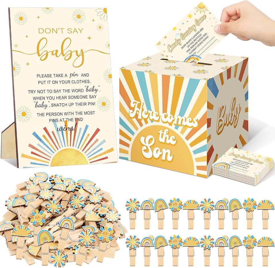 Dispowreath 102 Pcs Here Comes the Son Baby Shower Games, Diaper Raffle Set