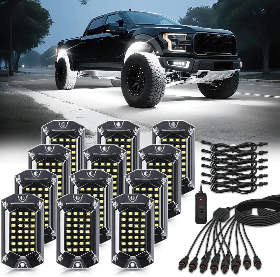 12 Pods Full Angle Pure White LED Rock Lights for Trucks Jeeps Golf Cart Offroad Pickup ATV UTV RZR SUV, 28 LEDs 6500K Super Bright Waterproof White Underglow Kit with Switch Harness Extension Wires