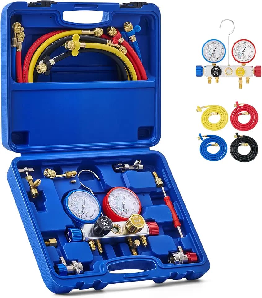 OMT 4 Way AC Diagnostic Manifold Gauge Kit for R134A R410A R22, 5ft Hoses