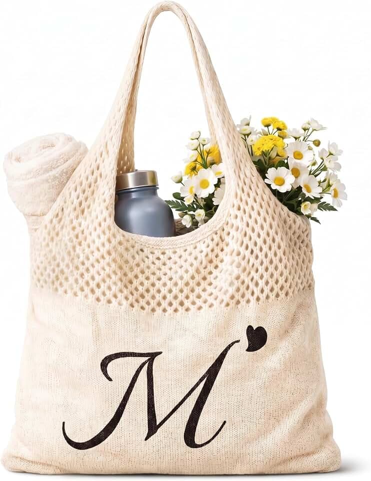 Shinylin Personalized Crochet Tote Bag for Beach Women Beige Mesh Knit Shoulder Bag Boho Aesthetic Tote for Women
