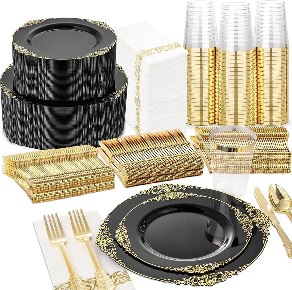 Nervure 350Pcs Black Plastic Plates, Plastic Dinnerware Set for 50 Guests