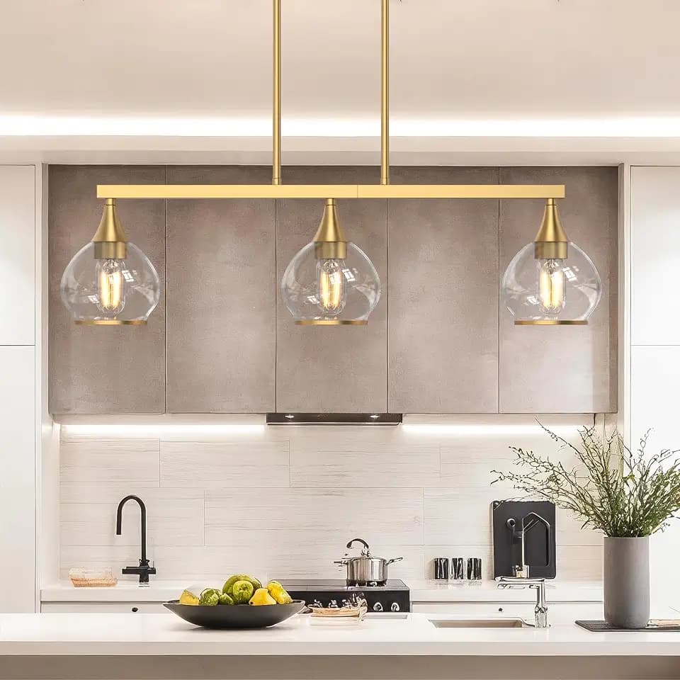 Phaosio Brushed Gold Kitchen Island Linear Pendant Light, 3-Light, E26 Base