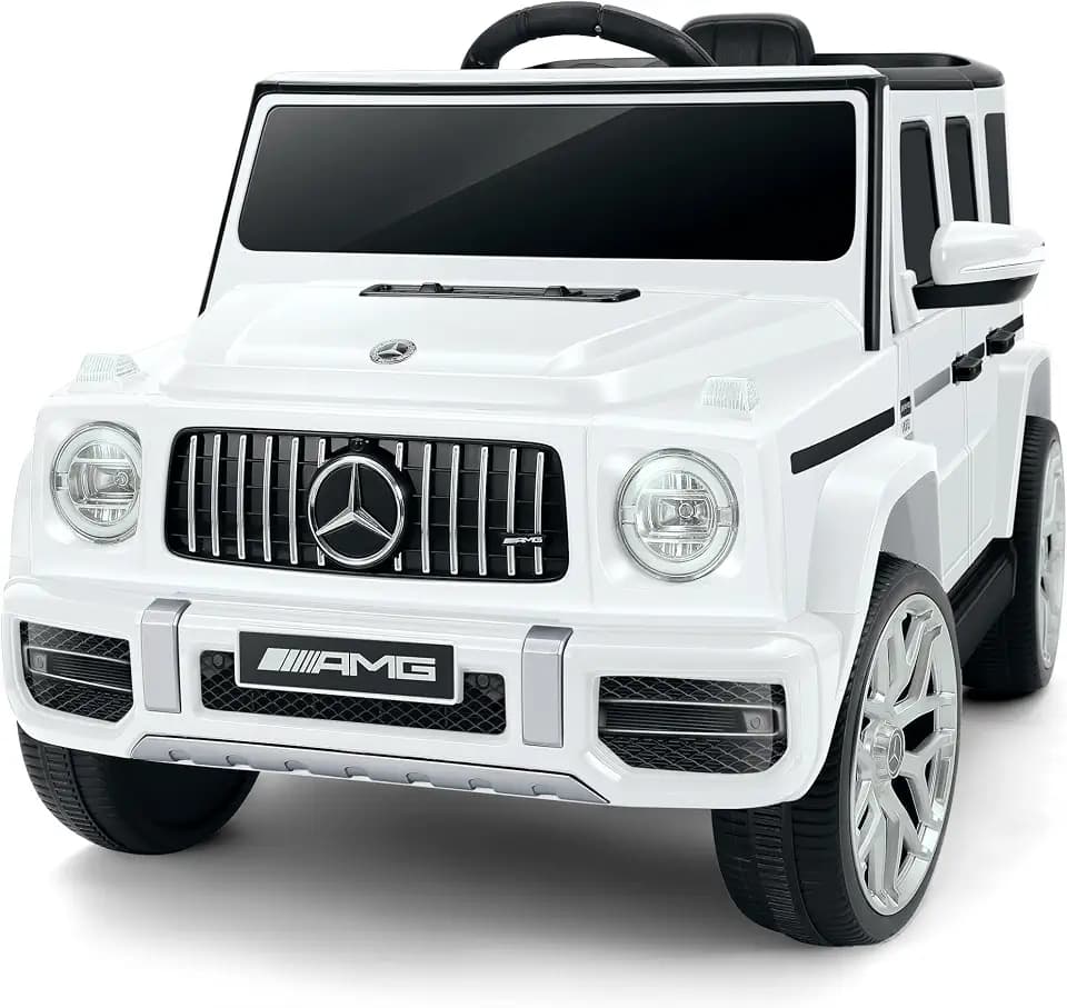 ELEMARA Licensed Mercedes-Benz AMG G63 Ride on Toys,Electric Car for Kids W/Parents Control,Electric Powered G Wagon Ride On Truck Toy,Low Battery Prompt,Bluetooth,Flickering Lights/LED Lights, White