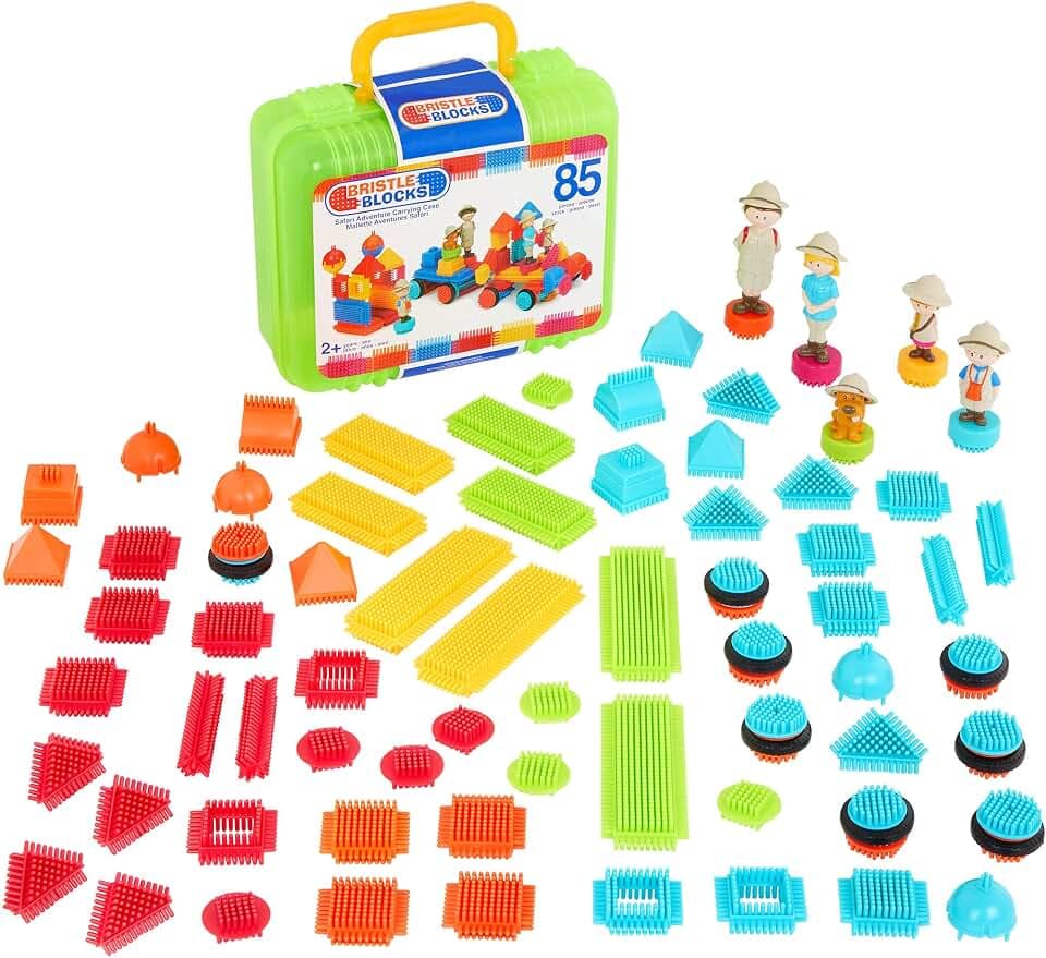 Battat Bristle Blocks Safari-Abenteuer, Steckbausteine mit Tragetasche | 85-teiliges Spielset mit Bristle Blocks, Spielfiguren, kleinem Hund und Tragetasche mit Griff, Flexibles Bauen, 2+ Jahre