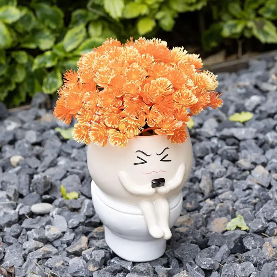 Smiley Face Planters for Indoor Plants, Cute Head Resin Rocking Chair Plant Pots, Funny Small Pots for Plants with Drainage Hole for Home Decor (Funny Toilet Pot)