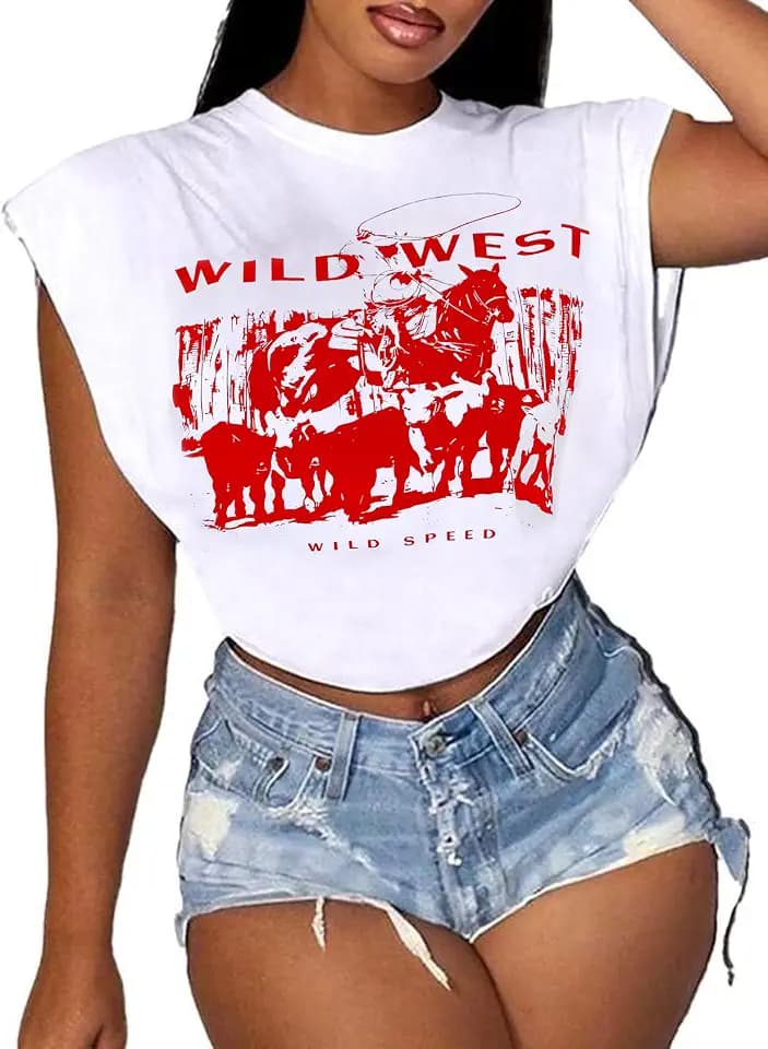 LovelyWholesale Womens Cropped Graphic Tees Cap Sleeve Tops Summer Short Sleeve T Shirts