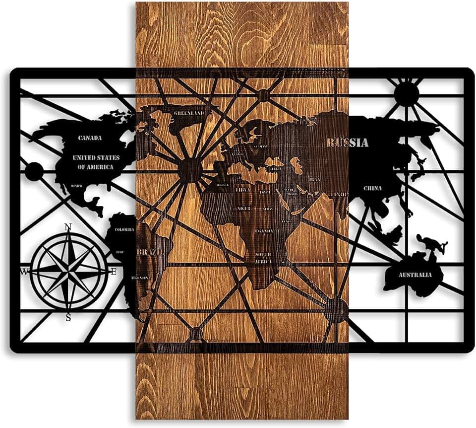 Elegantes, dekoratives Wandaccessoire aus Holz, 57 x 63 cm | 100% Echtholz (3 cm) und Metall (1,5 mm) | Einzigartige Walnuss- und Schwarz-Optik, perfekt für Ihre Wohndekoration