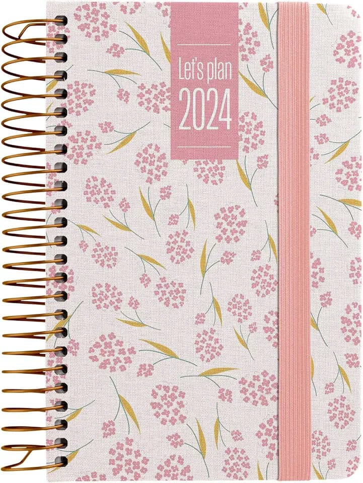 Grafoplás | Tagesplaner 2024, A6, spanisch, Lily-Design, 10,5 x 16,5 cm, mit Spiralbindung, mit bedrucktem Stoff ausgekleidet, elastischer Reißverschluss, perfekt zum Verwalten Ihrer Zeit