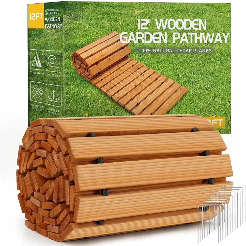 RELIANCER 12' Wooden Garden Pathway,Weather-Resistant Roll Out Cedar Walkway,Outdoor Patio Wood Foot Path,Decorative Garden Boardwalk Walkways,Flooring Path Sidewalk for Lawns Backyard Beach Wedding