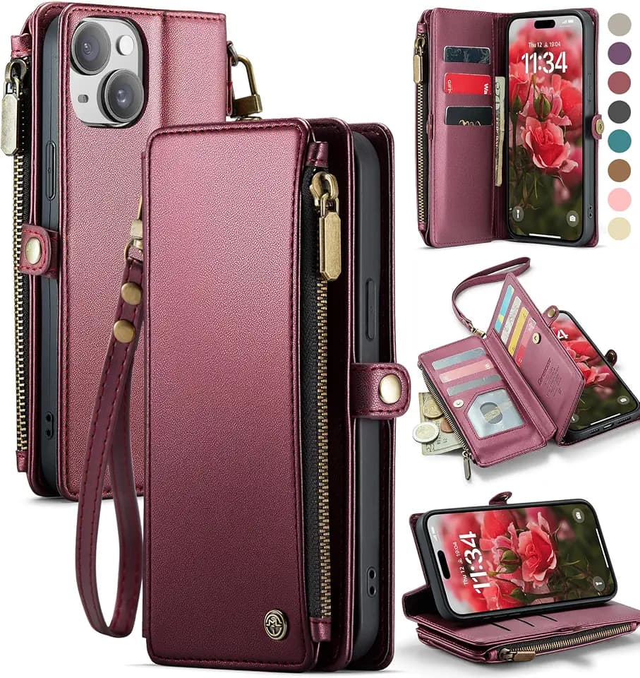 Defencase for iPhone 15 Plus Wallet Case with RFID Card Holder, Wine Red