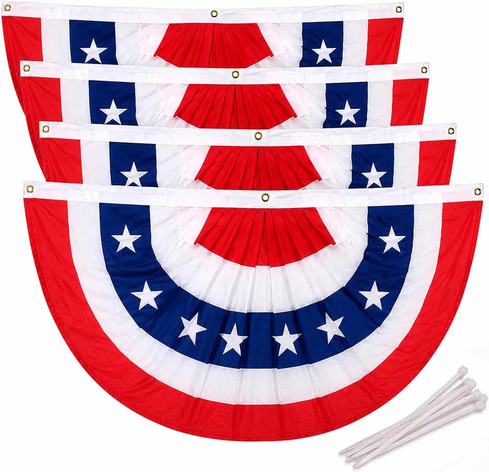 4 Pack 3 x 6 Ft 4th of July Bunting Flags, 2026 250th Anniversary American Flag Pleated Fan Banners with 15 Zip Ties, Patriotic Red White Blue Outdoor Porch Fence Railing Decor
