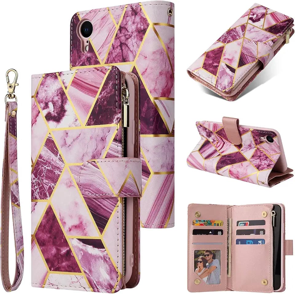 UEEBAI Wallet Case for iPhone XR, Premium PU Leather Magnetic Closure Geometric Marble Pattern Handbag Zipper Pocket Case Kickstand Card Holder Slots Fashion Shockproof Flip Cover - Purple#3