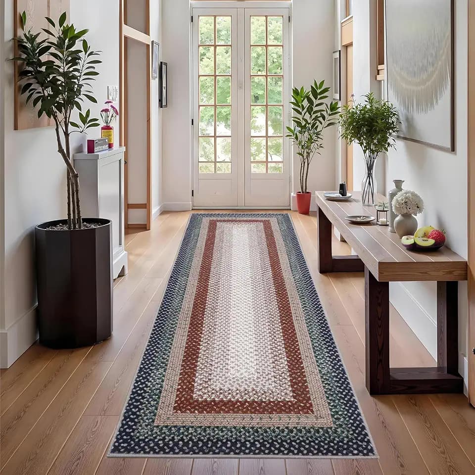 GAOMON Runner Rug 2x6 Braided Print Washable Rugs Non-Slip Hallway Runners Entryway Rug Ultra-Thin Farmhouse Kitchen Mat Bedroom Bedside Laundry Distressed Rugs Non-Shedding Accent Carpet Blue/Red