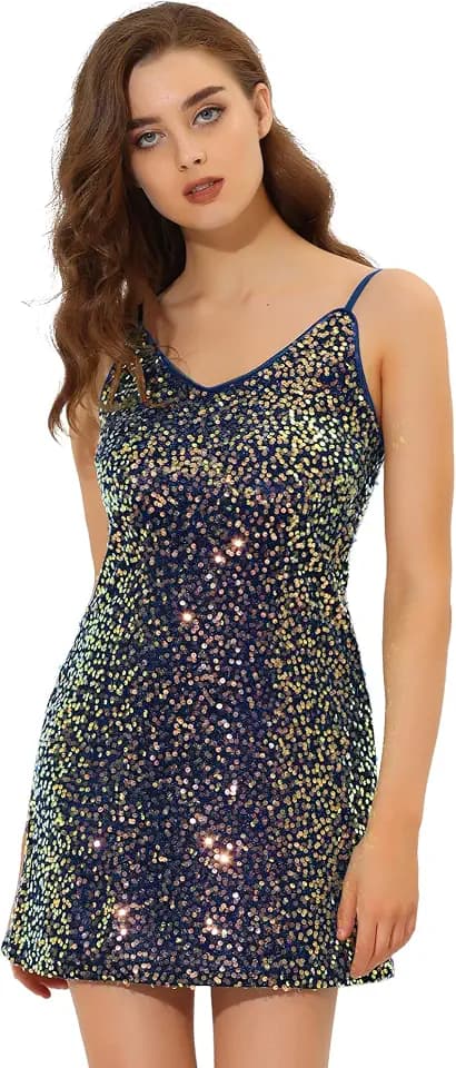 Allegra K Women's Glitter Sequin Dress Spaghetti Strap Party Sparkly Mini