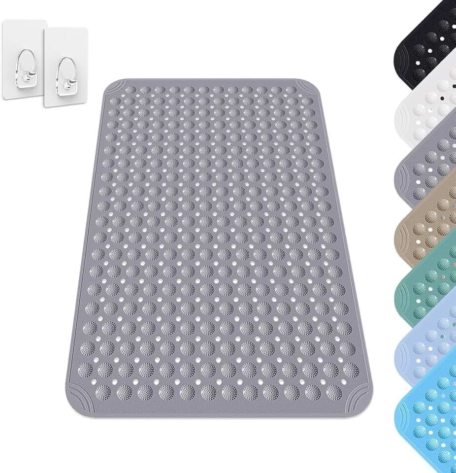 Duschmatte rutschfest 60 x 90 cm, Duschmatte mit Saugnapf, Duscheinlage maschinenwaschbar, Rutschmatte aus PVC, rutschfeste Massage Matte für Dusche und Sauna, inkl. 2 Haken, Grau