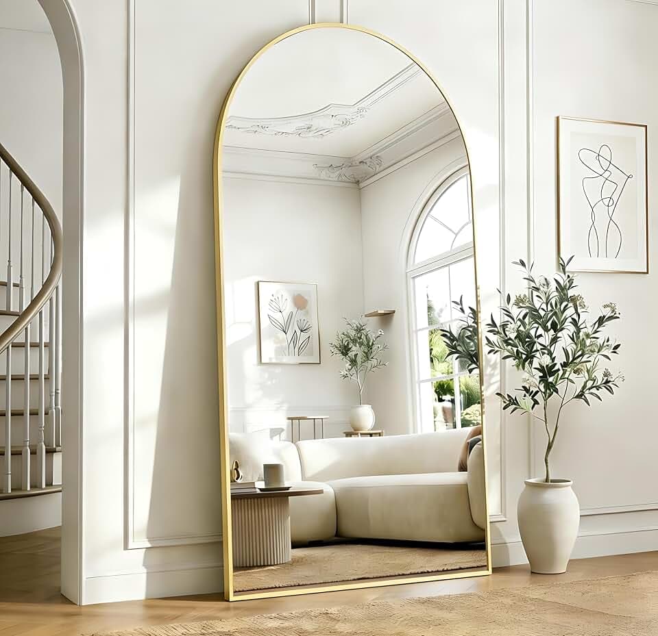 KOCUUY Bogen Standspiegel, 196 x 96 cm Großer Gewölbter Ganzkörperspiegel, Groß Wandspiegel mit Gold Aluminium Rahmen, Hängend, Stehend, Kippbar, für Wohnzimmer, Schlafzimmer und Flure