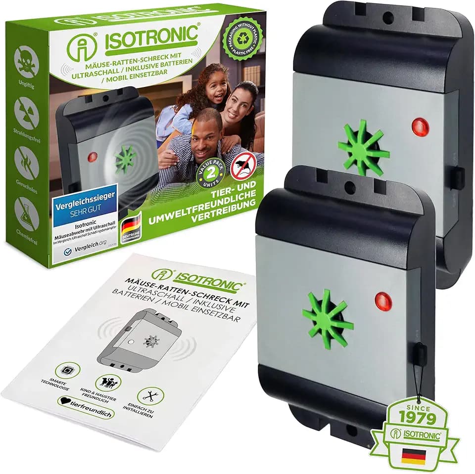 ISOTRONIC Ultraschall Mäuseabwehr zum Mäuse & Ratten vertreiben – Schädlingsvertreiber für Dachboden, Keller, Garage & Garten – Mäuseschreck ohne Gift & Mausefalle – 40m² Wirkungsbereich (2 Stück)