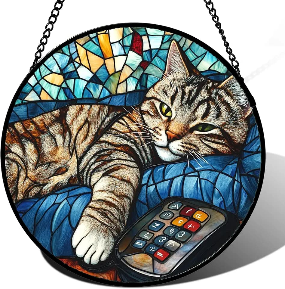 Gray Cat Remote Control Stained Glass Window Hanging Suncatcher Gifts 9.8"