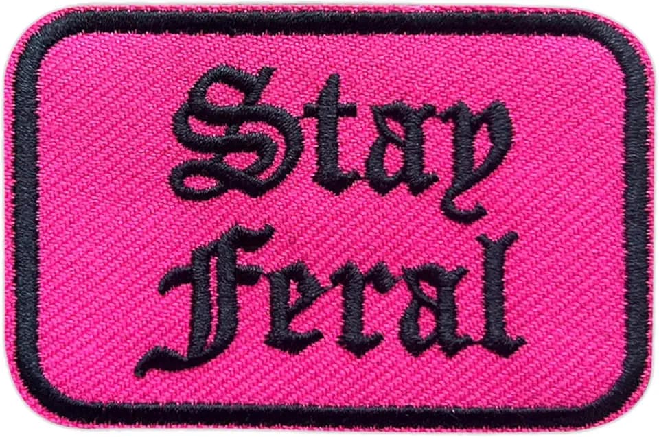 Pink Stay Feral 3 Inches Hook and Loop Embroidered Applique Patches, Aesthetic Fantasy Embroidery Patch, DIY Accessories for Backpacks Army Vests Dog Harness Clothes, Gifts for Book Lover