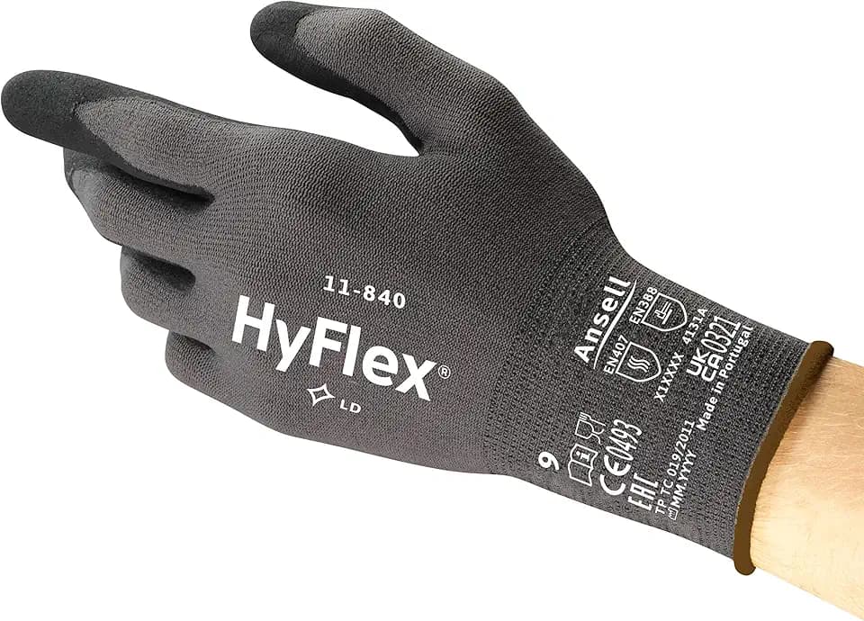 Ansell HyFlex 11-840 Professionelle Arbeitshandschuhe, Rutschfeste Nitril-Beschichtung, Industrie-Schutzhandschuhe für Mechanik, Werkstatt und Montage, Waschbare, Schwarz, Größe L (3 Paar)