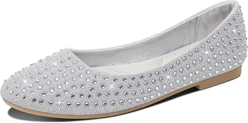 Jeekopeg Women Rhinestone Ballet Flats Sparkly Classic Round Toe Flats Comfortable Slip on Ballerina Flats Elegant Wedding Party Dress Shoes for Lady