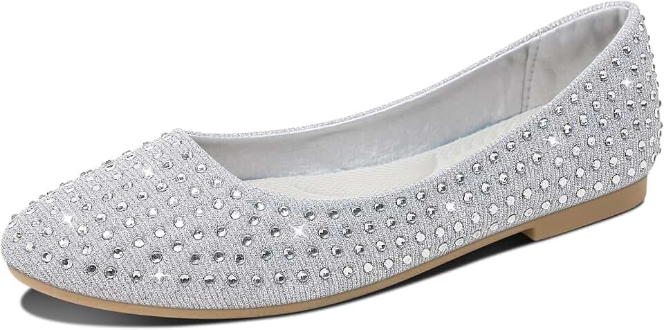 Jeekopeg Women Rhinestone Ballet Flats Sparkly Classic Round Toe Flats Comfortable Slip on Ballerina Flats Elegant Wedding Party Dress Shoes for Lady