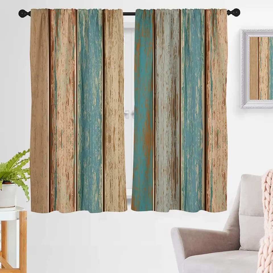 zokyer Western Curtains for Living Room, Teal and Brown Farmhouse Window Treatments, Rustic Wood Barn Door Print for Bedroom Bathroom, Country Cabin Decor, 2 Panel Set,42" W x 63" L Inch