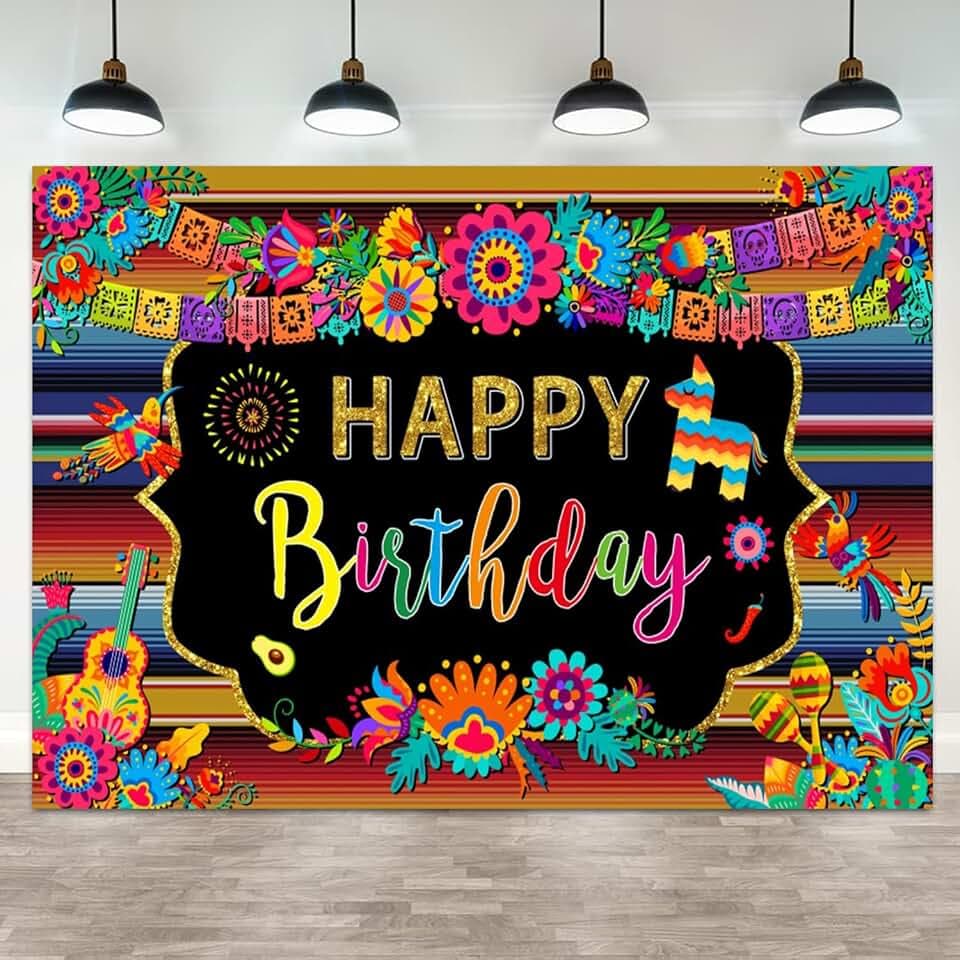 9x6ft Mexican Fiesta Themed Birthday Backdrop Colorful Floral Birthday Photography Background Mexico Cinco De Mayo Party Carnival Banner Decorations Kids Adults Portrait Photo Booth Prop
