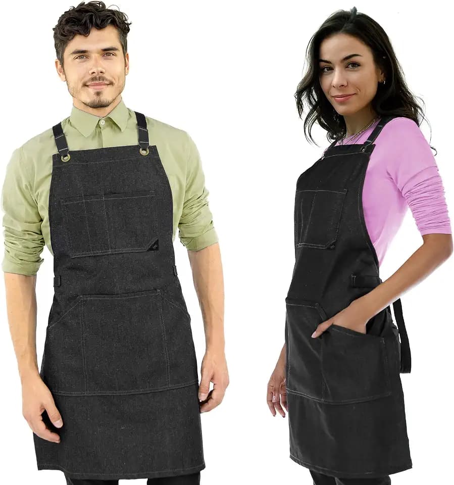 Under NY Sky Work Apron, Cross-Back, Leather Support, Pro Denim, Black