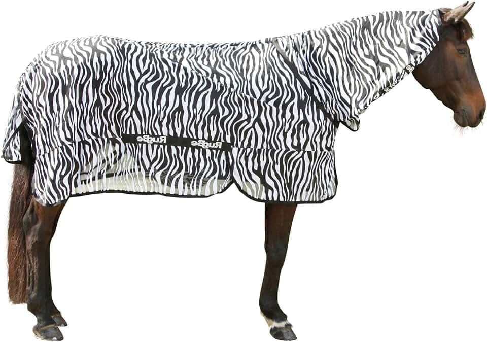 KERBL RugBe Zebra Fliegendecke Ekzemerdecke Pferdedecke mit Halsteil 145cm | Mit Klettverschluss, Brustbereich unterfüttert, mit über 90 % UV-Schutz, maschinenwaschbar, Pferdedecke, Modell 326124
