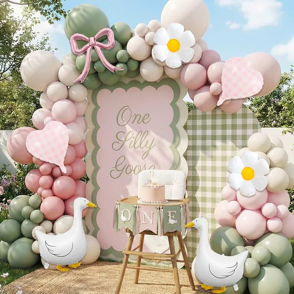 One Silly Goose Balloon Arch Kit – Daisy Pink Pastel Balloon Garland with Goose Balloons, Vintage Goose Birthday Decorations, Baby Shower Arch for Girl (133PCS)