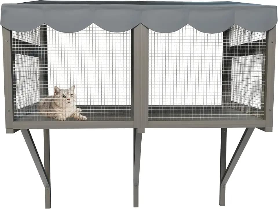 Wooden Cat Window Box Catio Enclosure for Indoor Cats, Solid Wood & Metal Frame Window Perch with Waterproof Roof, Secure Bird-View Cat House for Sliding Windows
