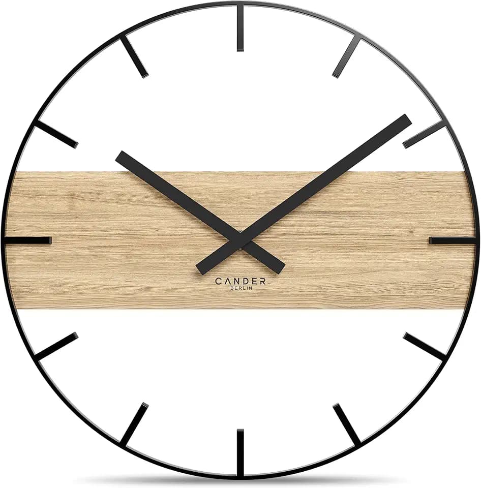Cander Berlin MARLIT Vintage Wanduhr lautlos 33 cm Metall Holz Eichenfurnier ohne Tickgeräusche modern schwarz Wohnzimmer