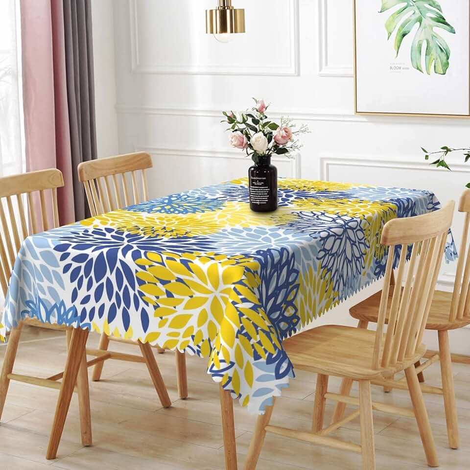 52x70inches Navy Blue Yellow Flowers Tablecloth Abstract Dahlia Floral Rectangle Table Cloth Modern Geometric Polyester Table Cover for Dining Room Kitchen Home Decor Banquet Party Supplies