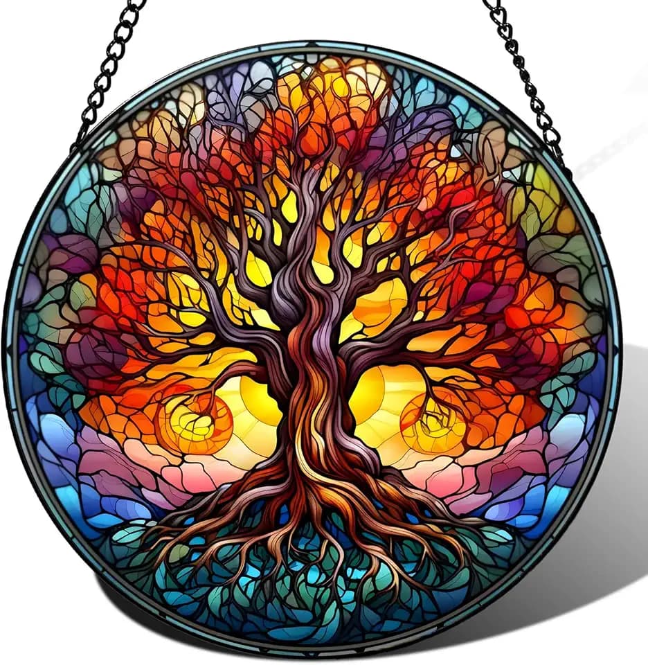Tree of Life Suncatcher -7.9 in Stained Glass Window Hanging Sun Catcher Garden Decor