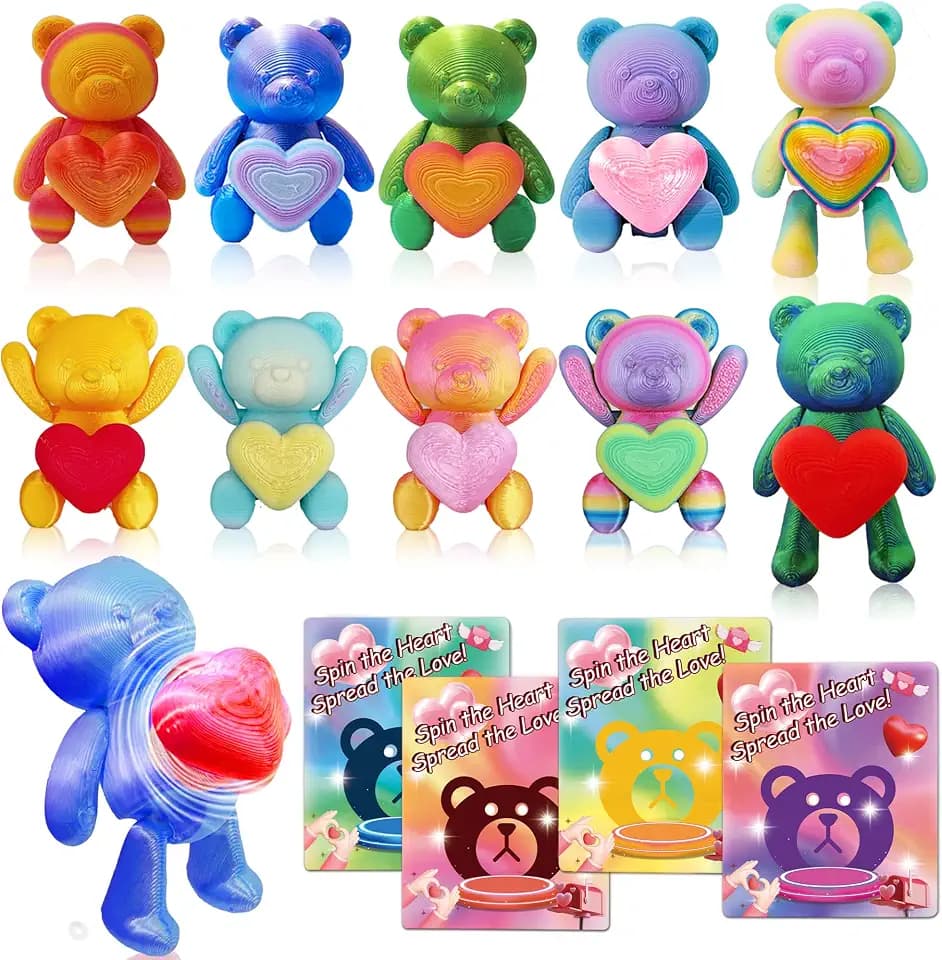24 Pack 3D Printed Mini Bear Animals Toys with Spinning Hearts & Cards, Cute Articulated Animal Flexible Figurines Fidgets for Classroom Party Favors School Prizes Birthday Gifts Office Home Decor