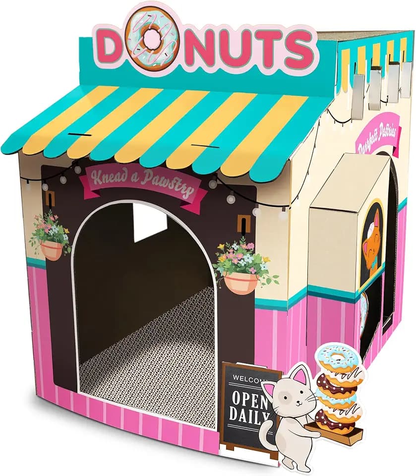 HappyCat Donut Shop Cat Scratcher House - Adorable Cardboard Cat Playhouse with Scratching Panels & Spacious Interior, Hideout & Stimulation Station - Charming Indoor Cat House