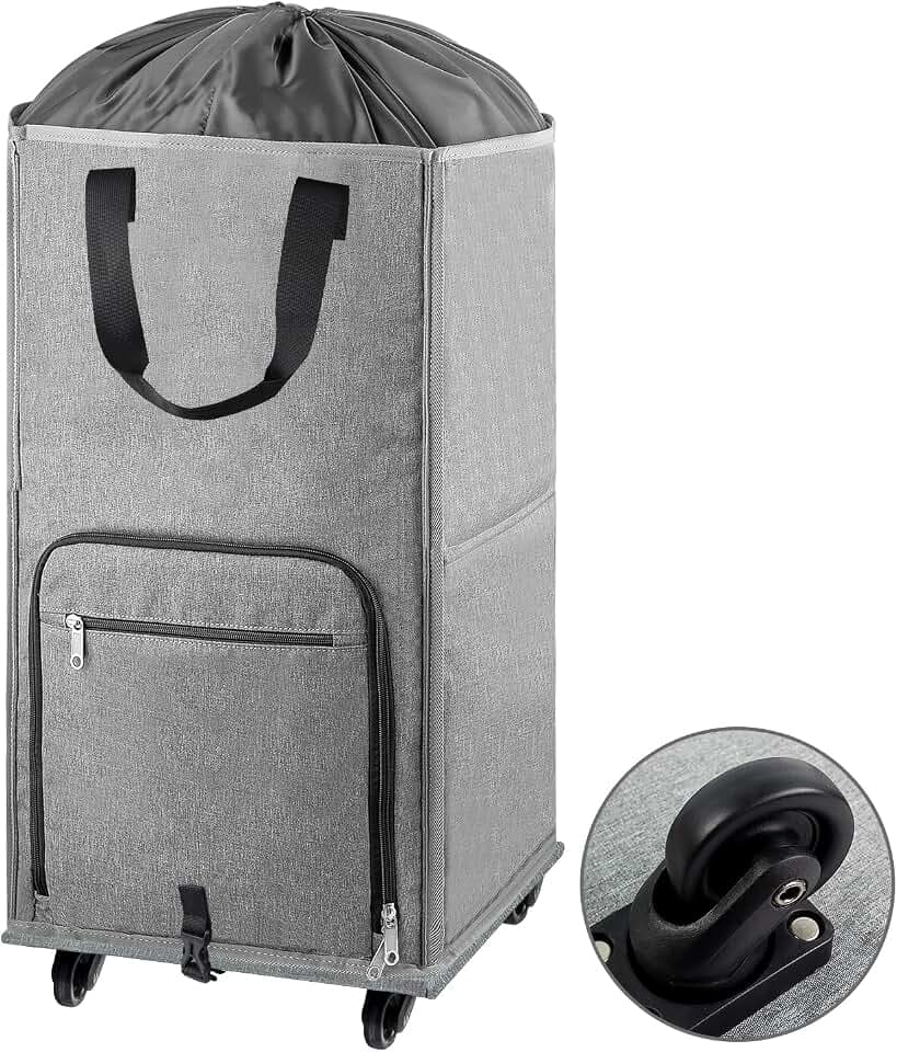 Laundry Hamper with Wheels, Bukere Large Rolling Laundry Basket with 4 Casters and 2 Handles, Collapsible Freestanding Wheeled Laundry Bag for Clothes, Laundry Room, Bathroom, Apartment, College